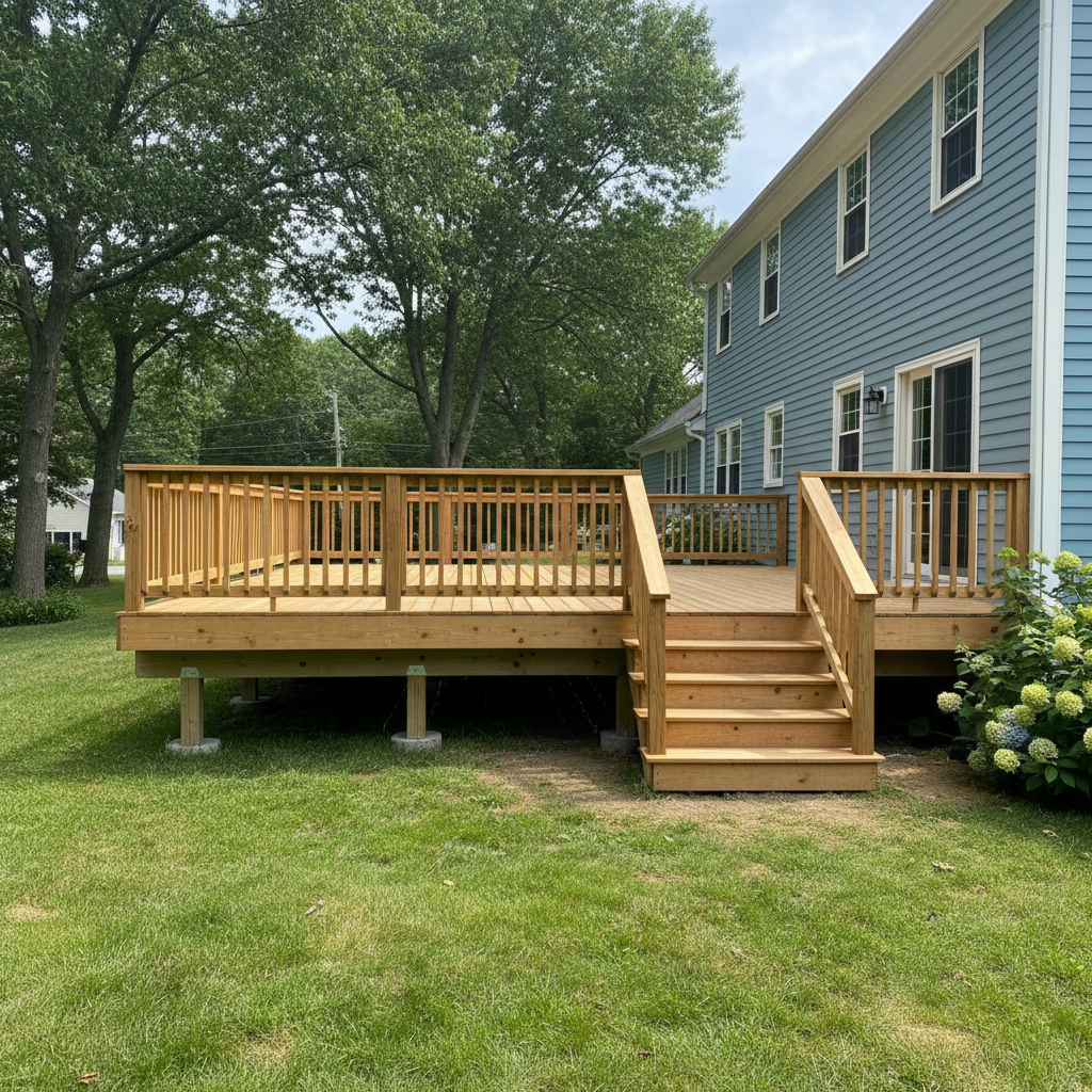 Completed wooden decks work at a residential property in Providence, RI