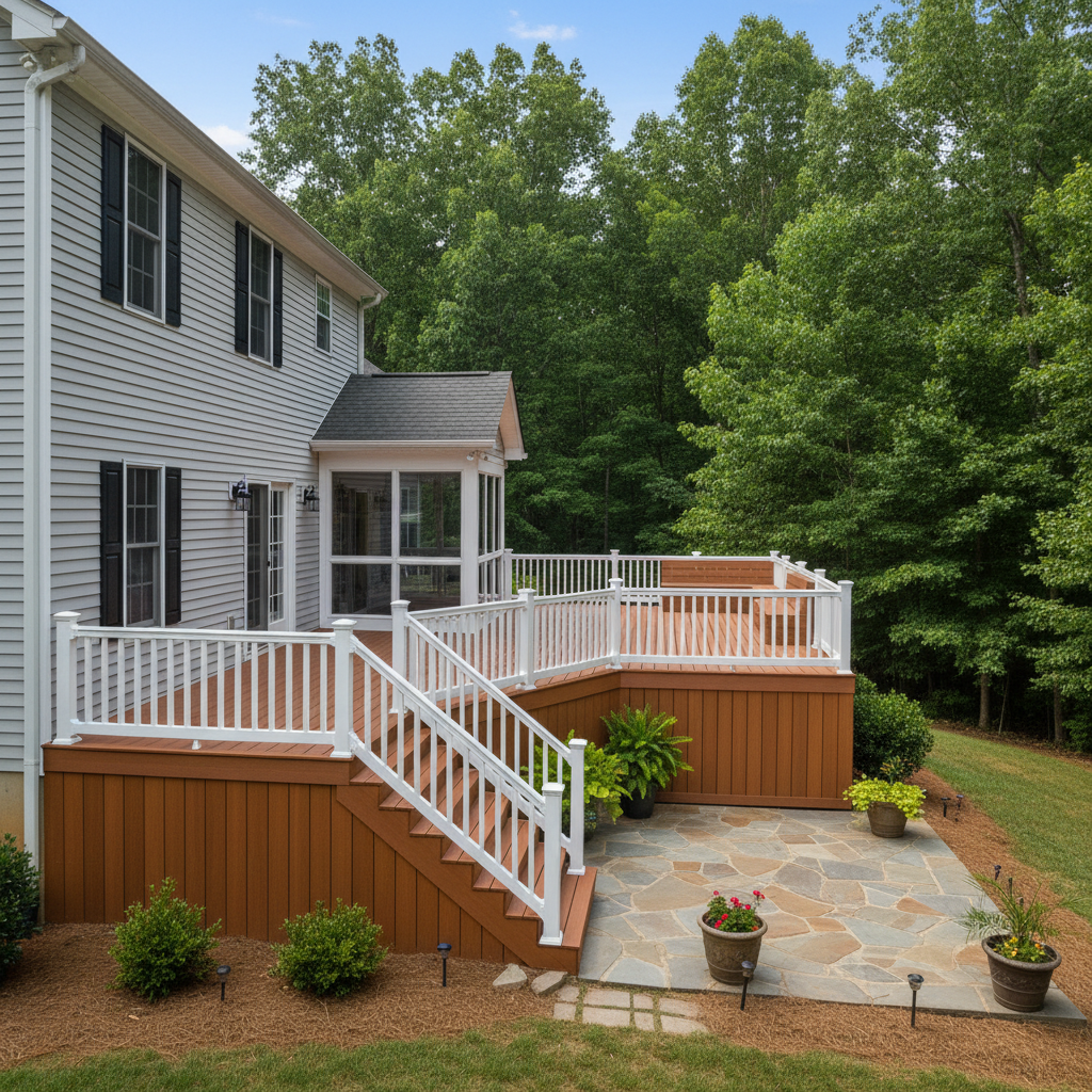 Completed composite decks work at a residential property in Great Falls, SC