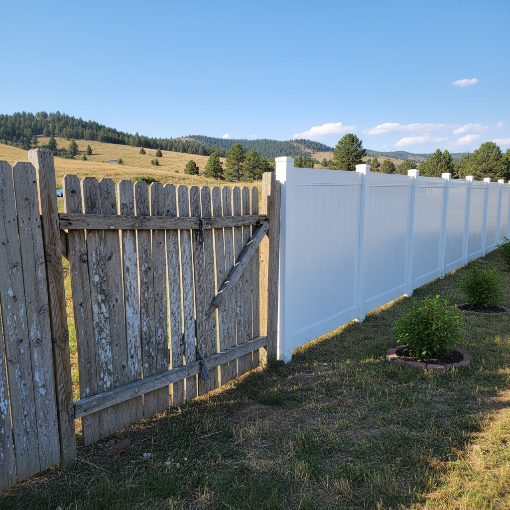Completed vinyl fence installation work at a residential property in Rapid City, SD