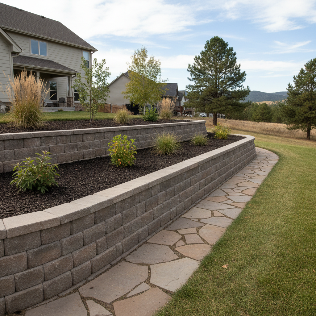 Completed retaining wall construction work at a residential property in Rapid City, SD