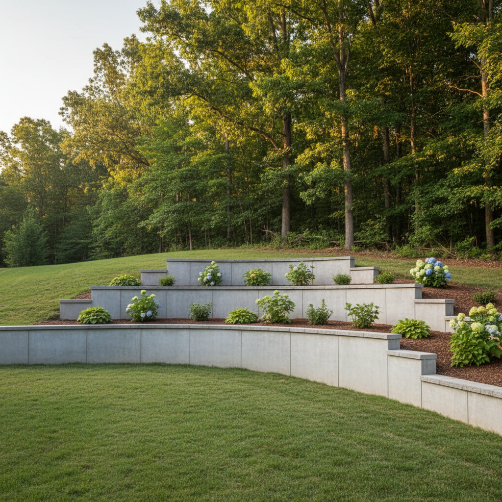 Completed concrete retaining walls work at a residential property in Jackson, TN