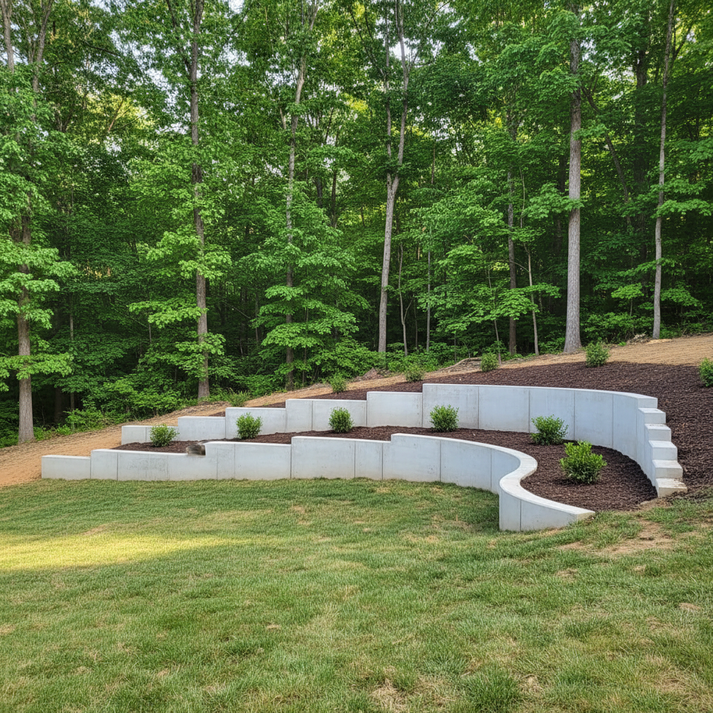 Completed concrete retaining walls work at a residential property in Dayton, TN