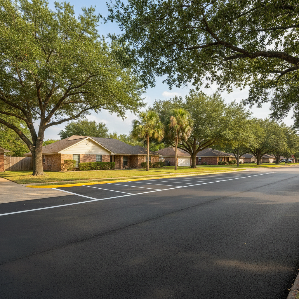 Completed asphalt striping work at a residential property in Baytown, TX