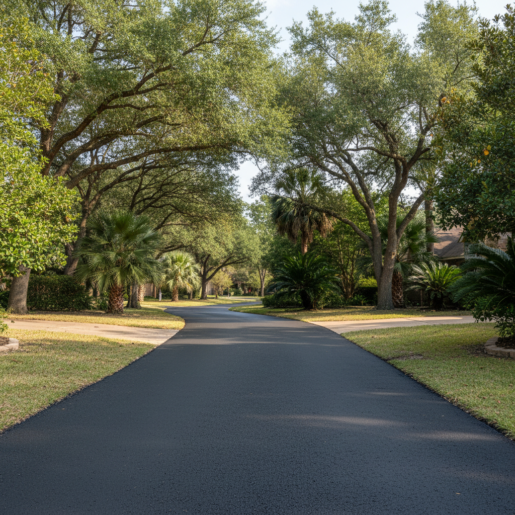 Completed asphalt repair work at a residential property in Sugar Land, TX