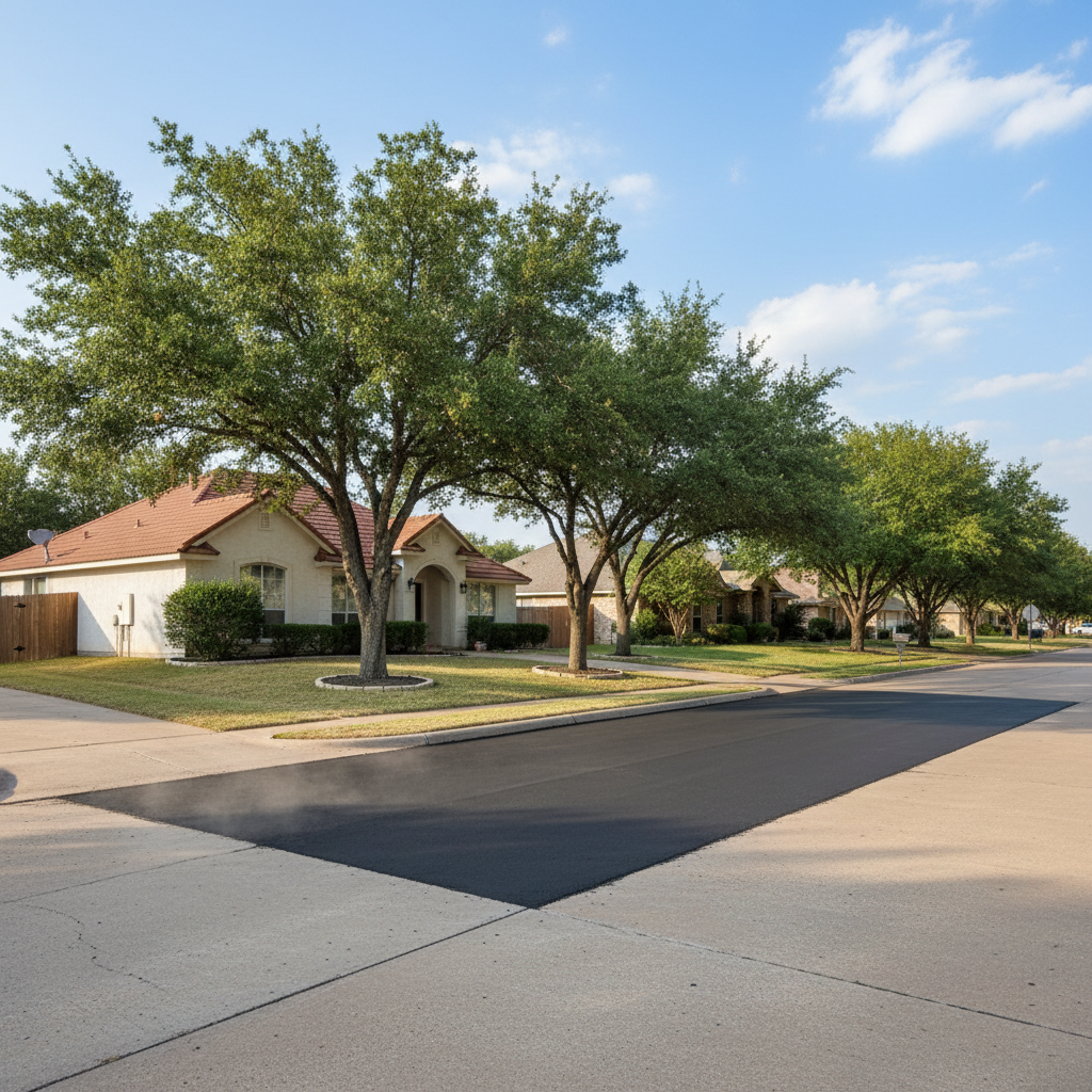 Completed asphalt patching work at a residential property in Marble Falls, TX
