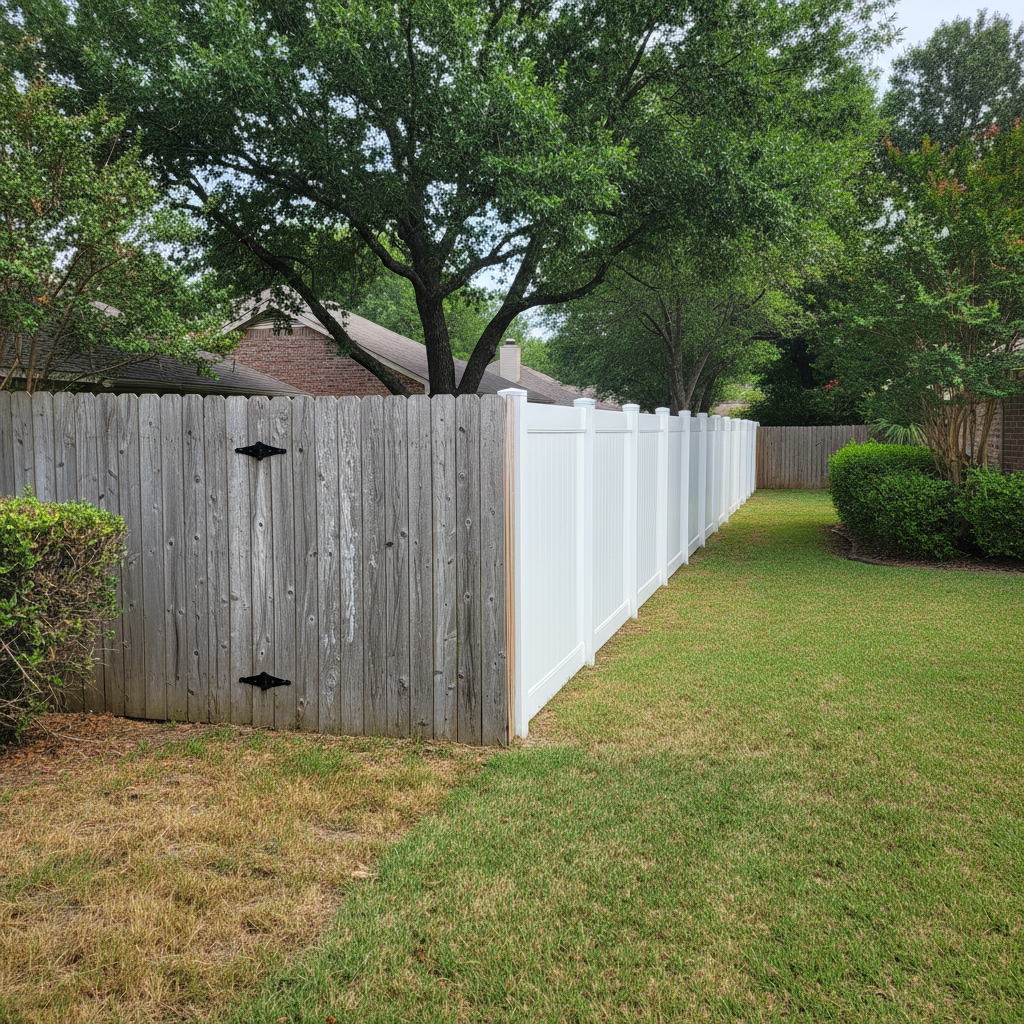 Completed vinyl fence installation work at a residential property in Wichita Falls, TX
