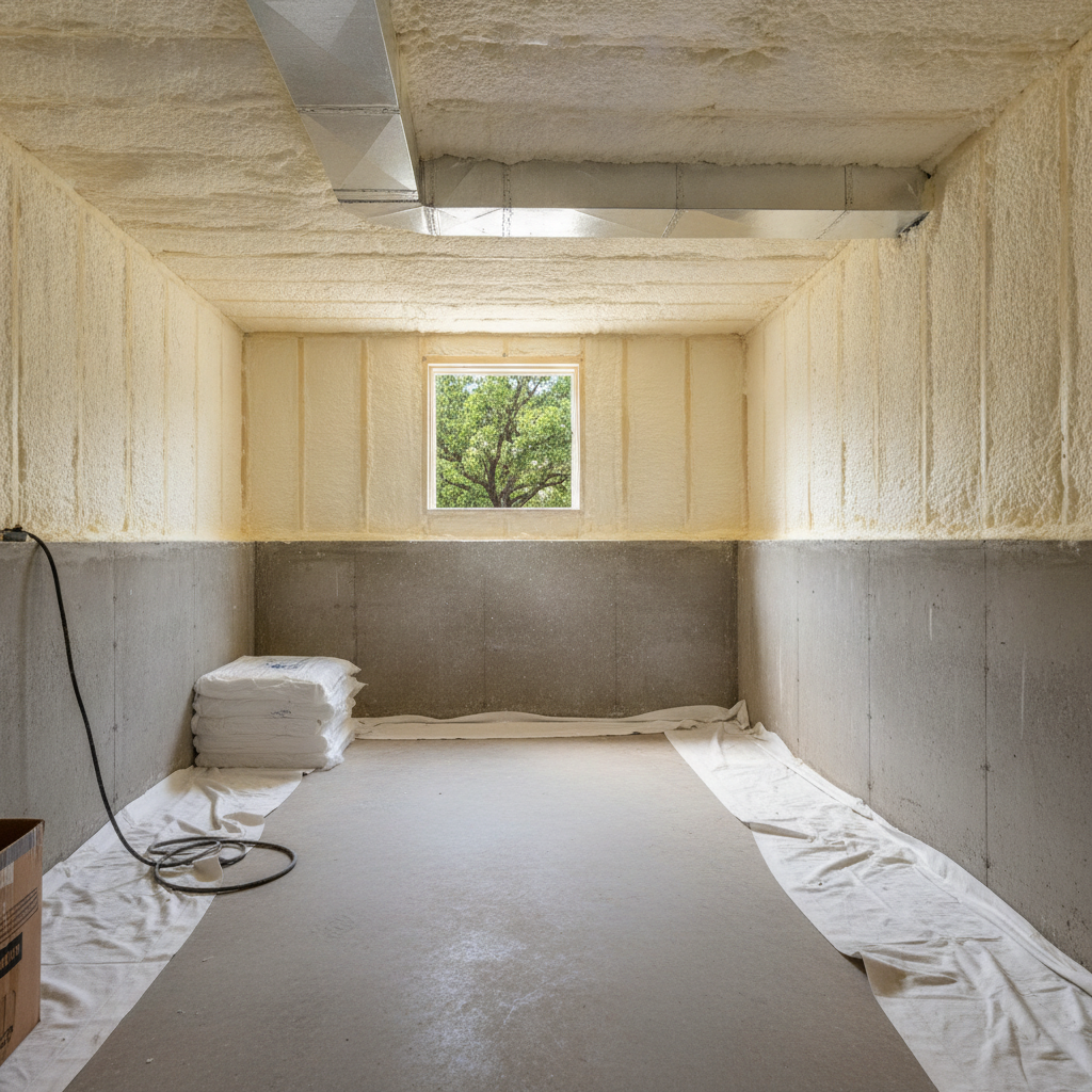 Completed basement insulation work at a residential property in Waxahachie, TX