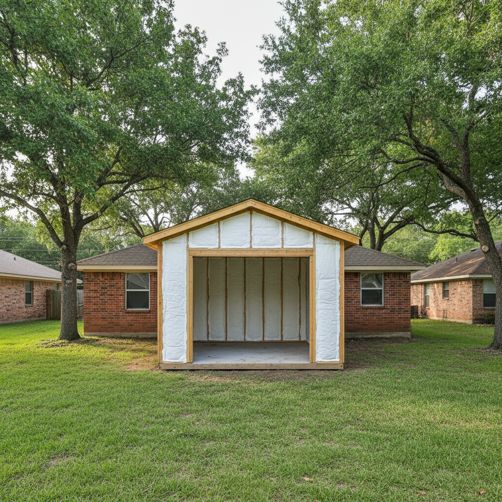 Completed shed insulation work at a residential property in Grand Prairie, TX