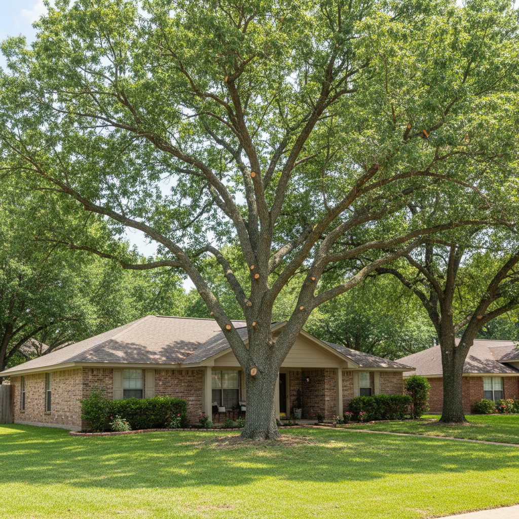 Completed tree pruning work at a residential property in La Vernia, TX