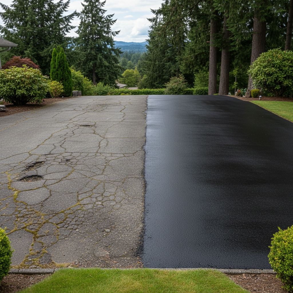 Completed asphalt sealcoating work at a residential property in Bellevue, WA