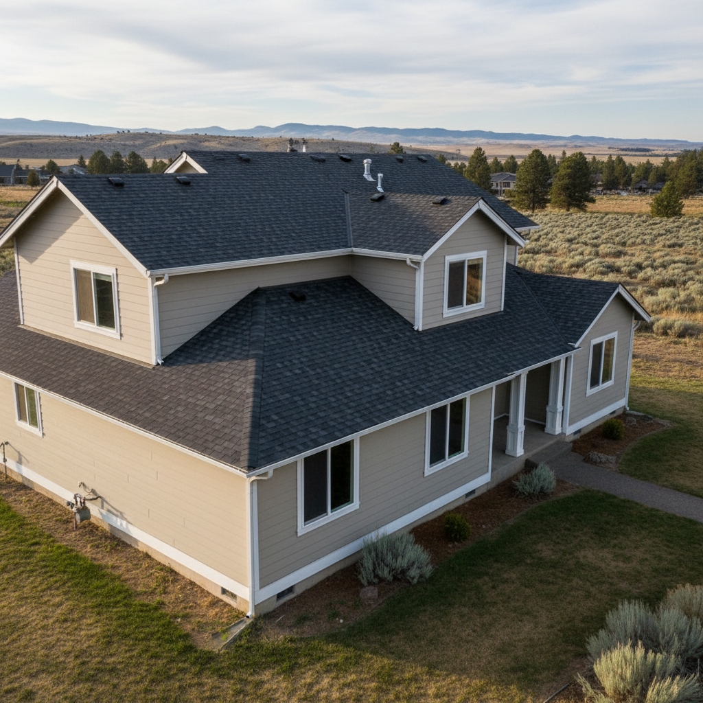 Completed asphalt shingle roofing work at a residential property in Moses Lake, WA