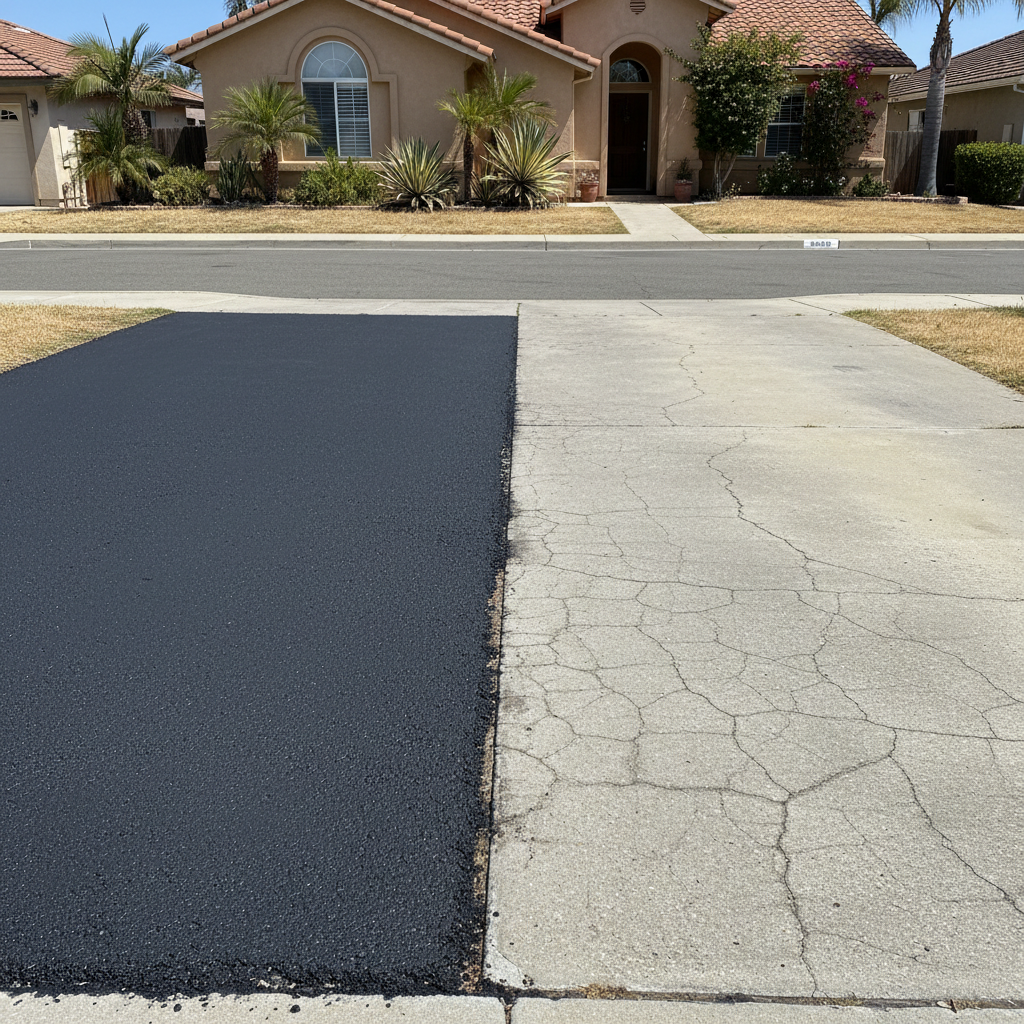 Completed asphalt patching work at a residential property in Oceanside, CA