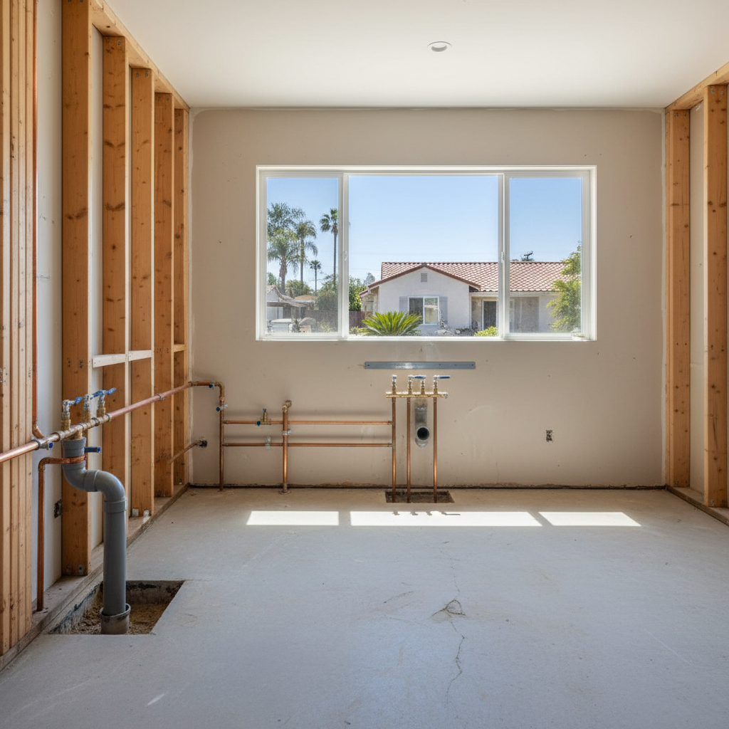Completed plumbing rough-in work at a residential property in Long Beach, CA