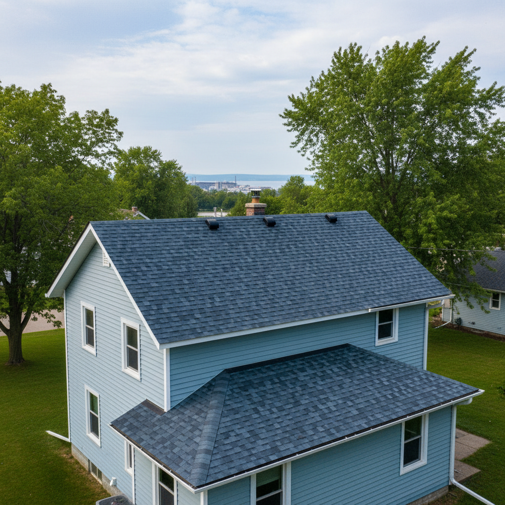 Completed asphalt shingle roofing work at a residential property in Superior, WI