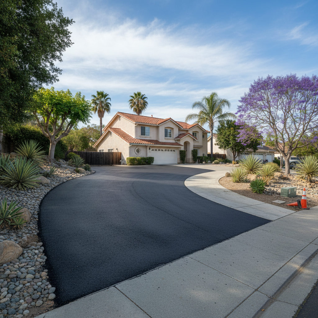 Completed asphalt repair work at a residential property in Placentia, CA