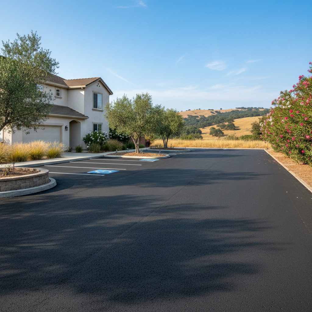 Completed parking lot paving work at a residential property in Yuba City, CA