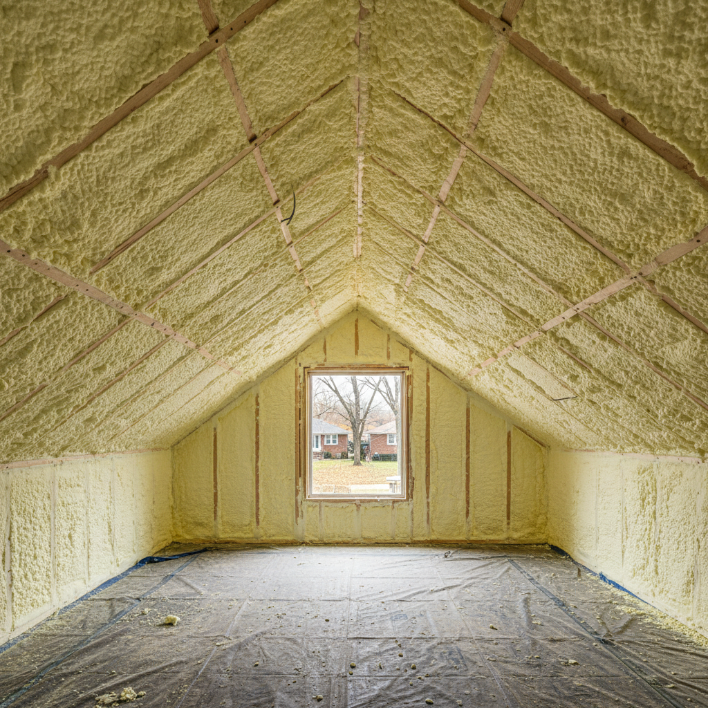 Completed open cell spray foam work at a residential property in Evanston, IL