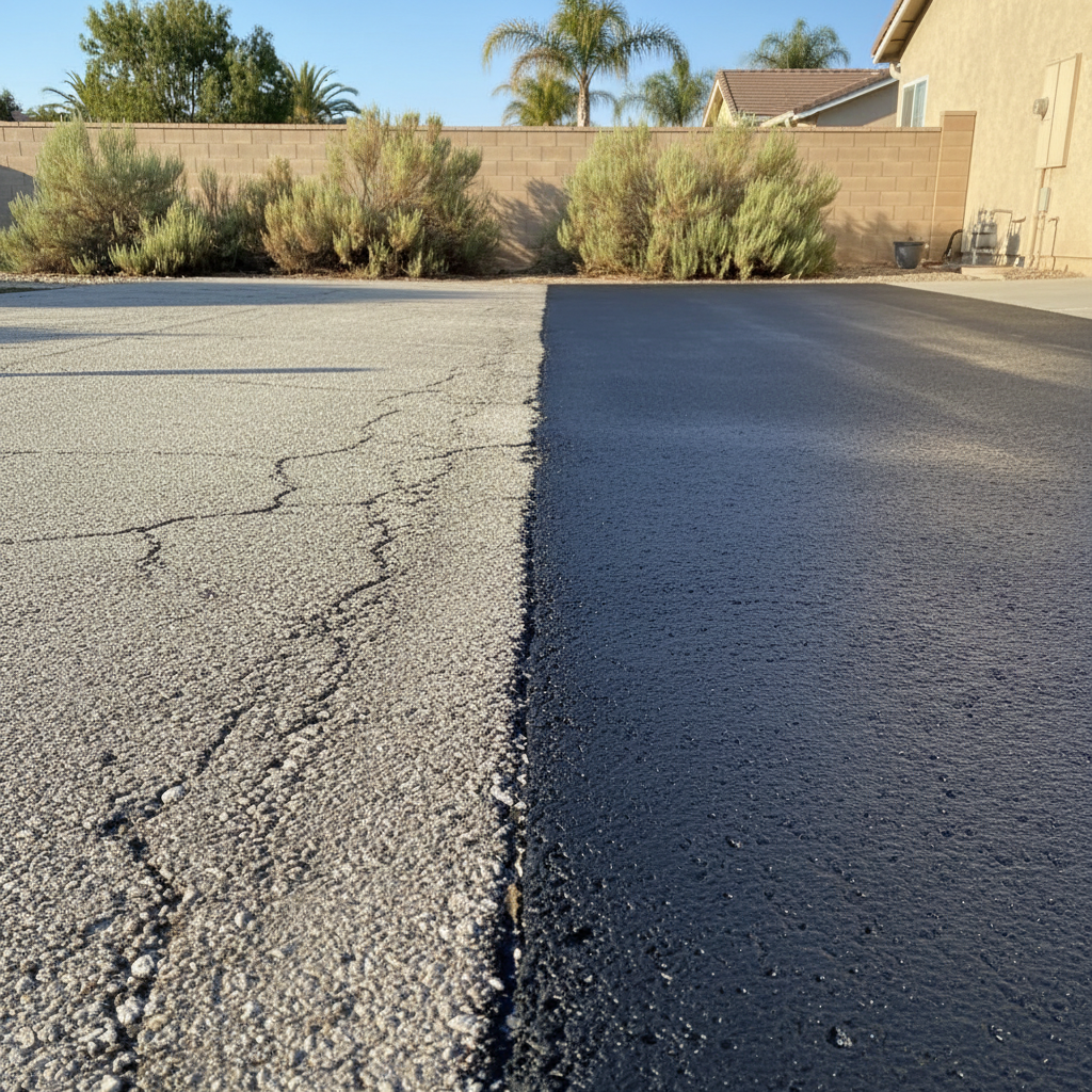 Completed asphalt sealcoating work at a residential property in Santa Ana, CA