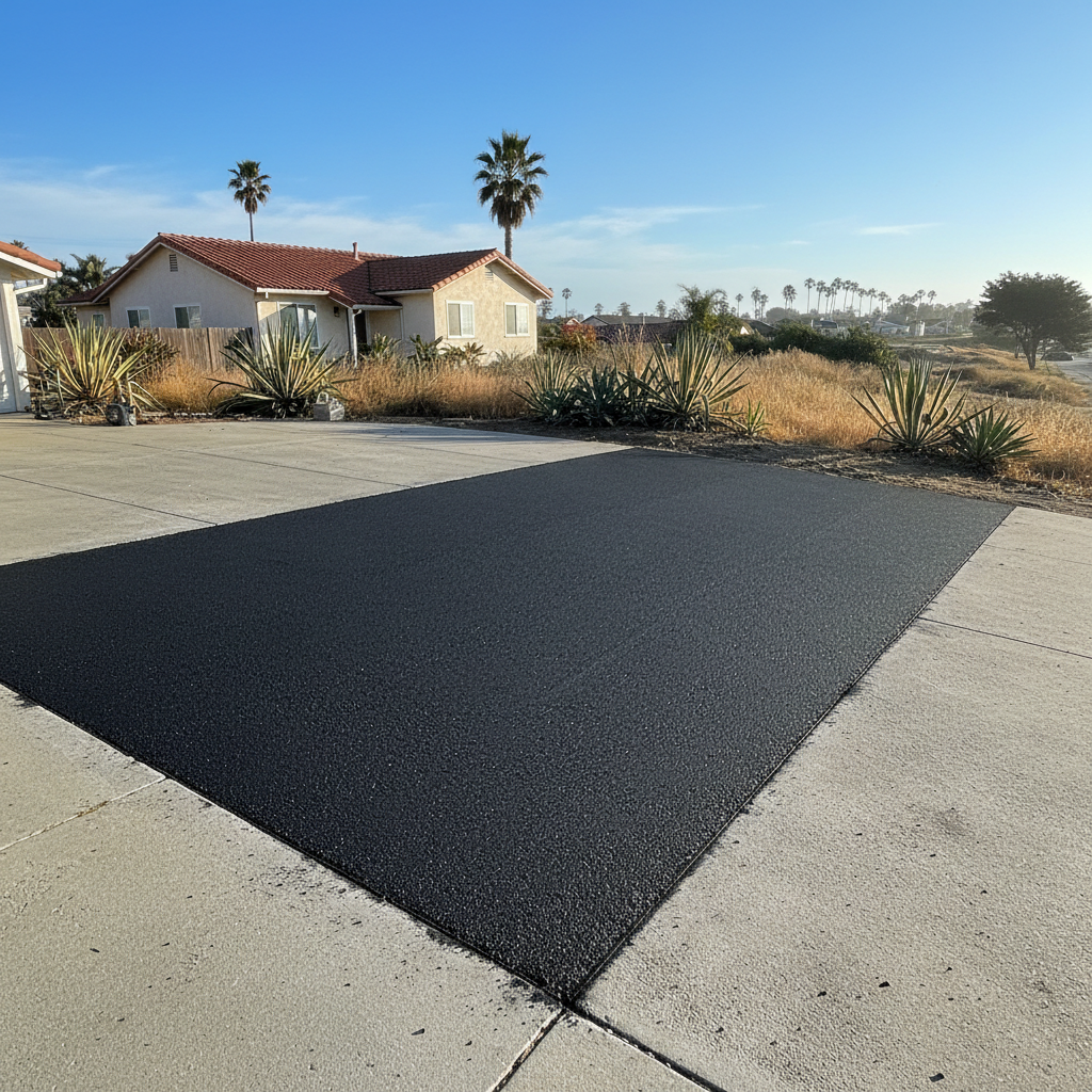 Completed asphalt repair work at a residential property in Huntington Beach, CA