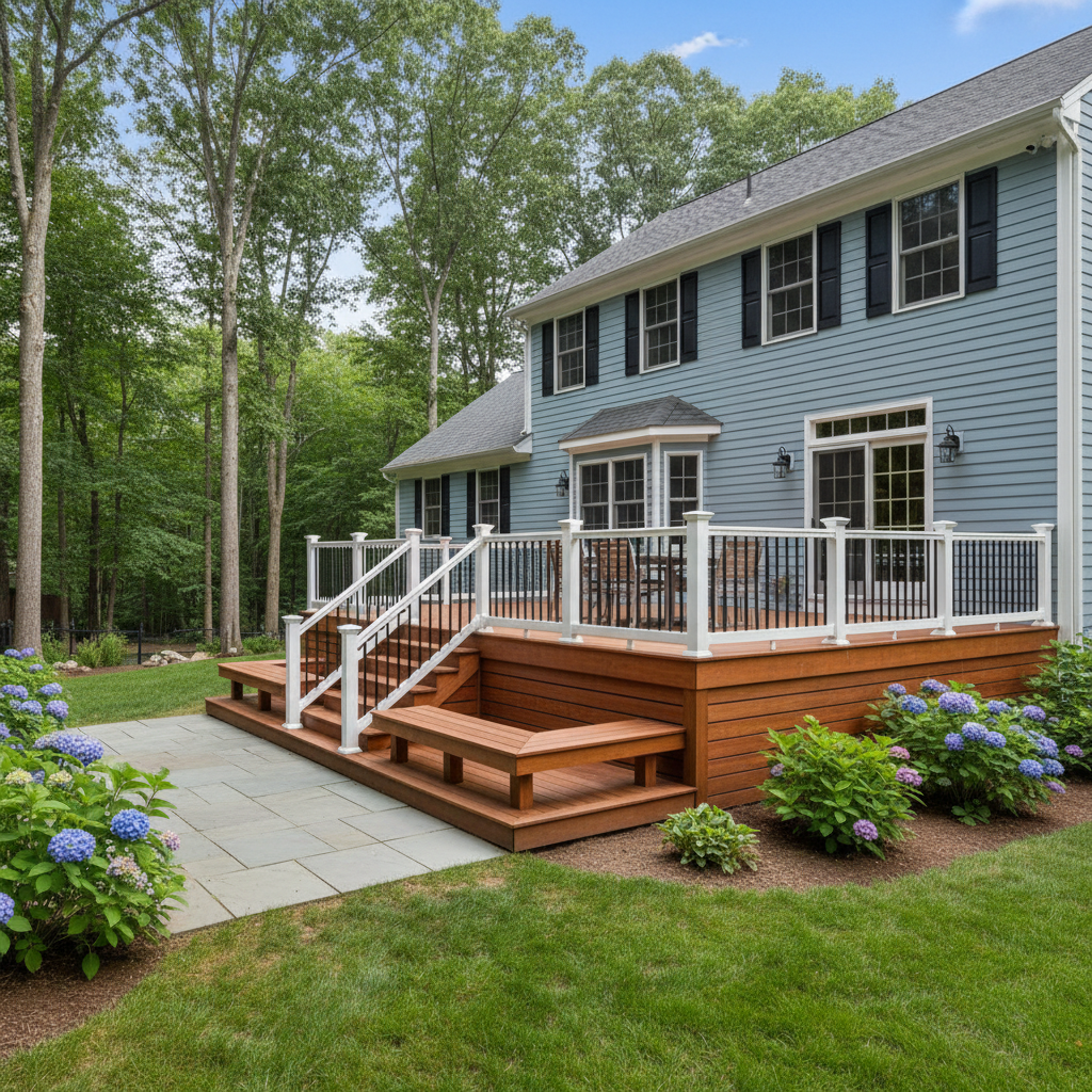 Completed wooden decks work at a residential property in Arlington, MA