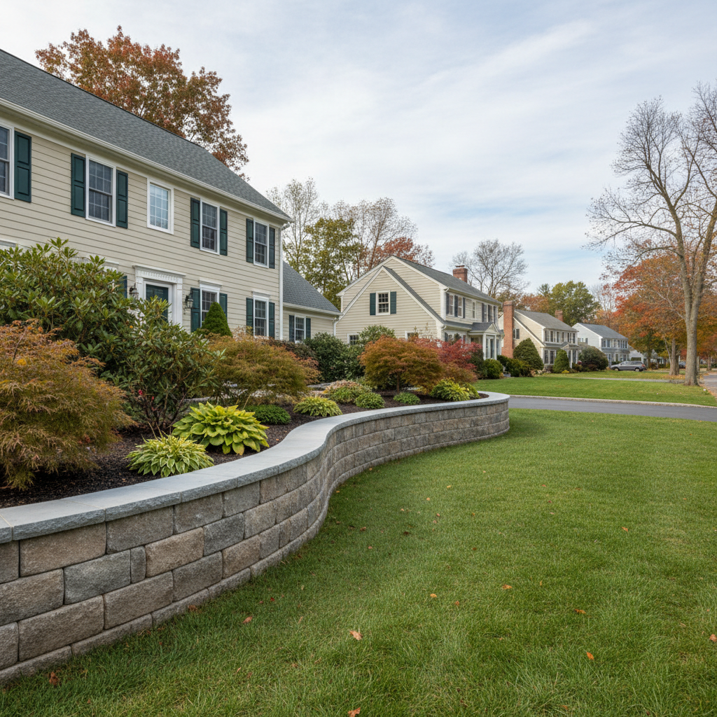 Completed block wall construction work at a residential property in Weston, MA