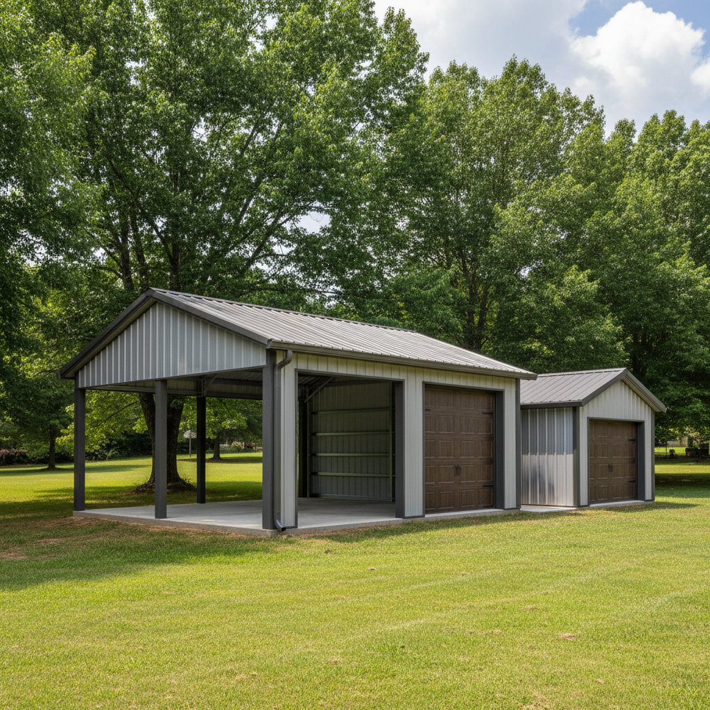 Completed metal frame garages work at a residential property in Knoxville, TN