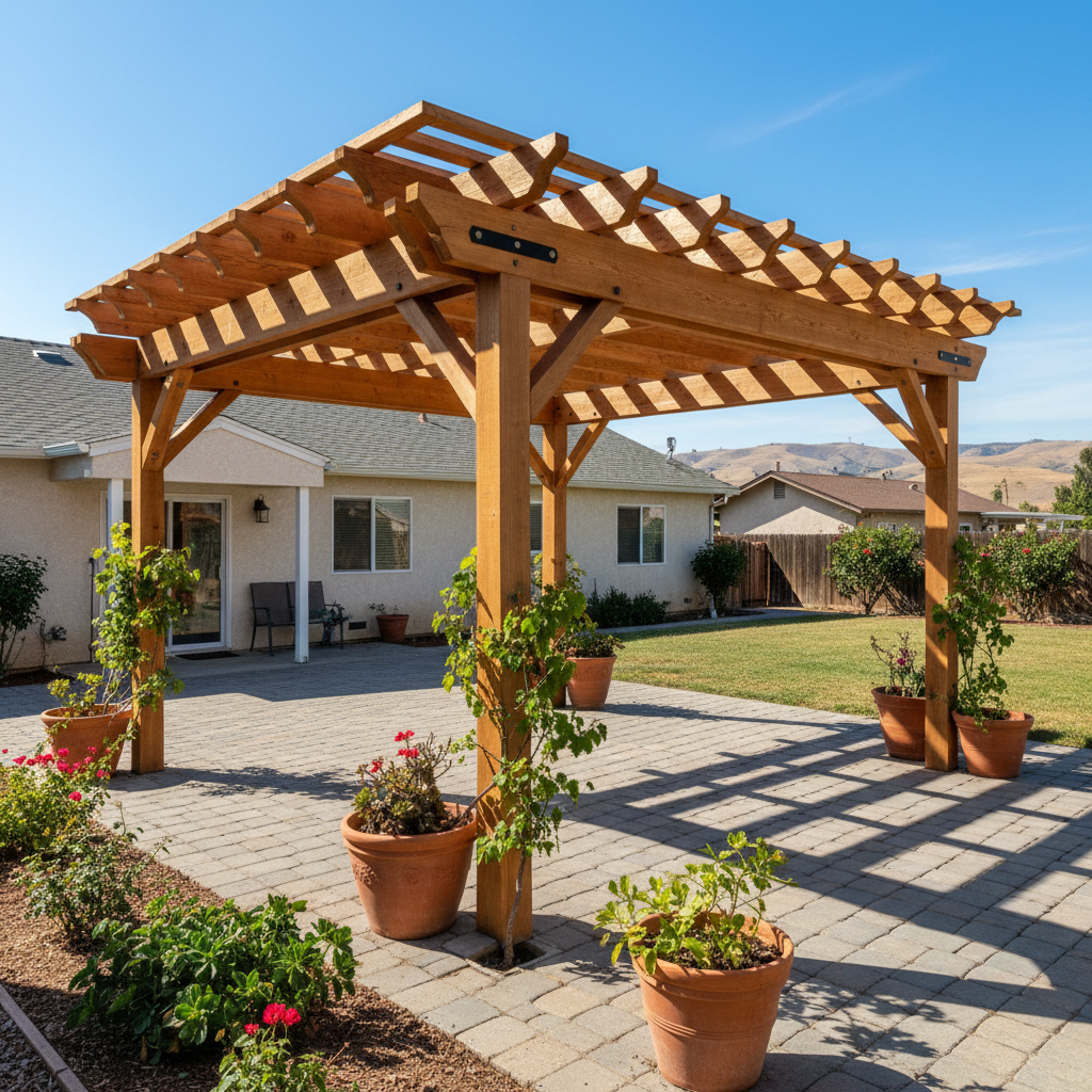 Completed pergola construction work at a residential property in Fresno, CA