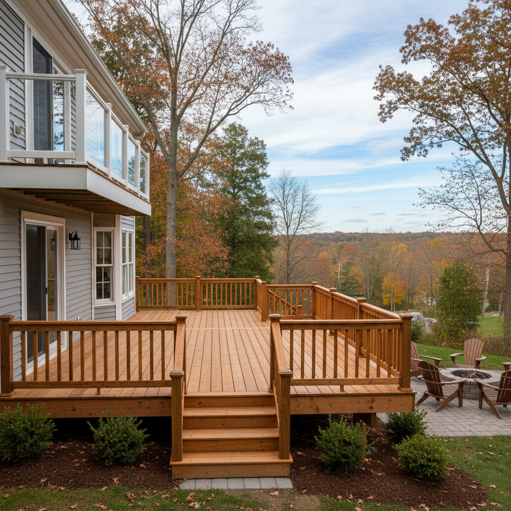 Completed wooden decks work at a residential property in Bristol, CT