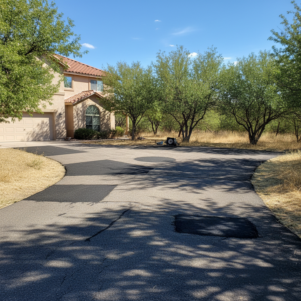 Completed asphalt patching work at a residential property in Las Cruces, NM