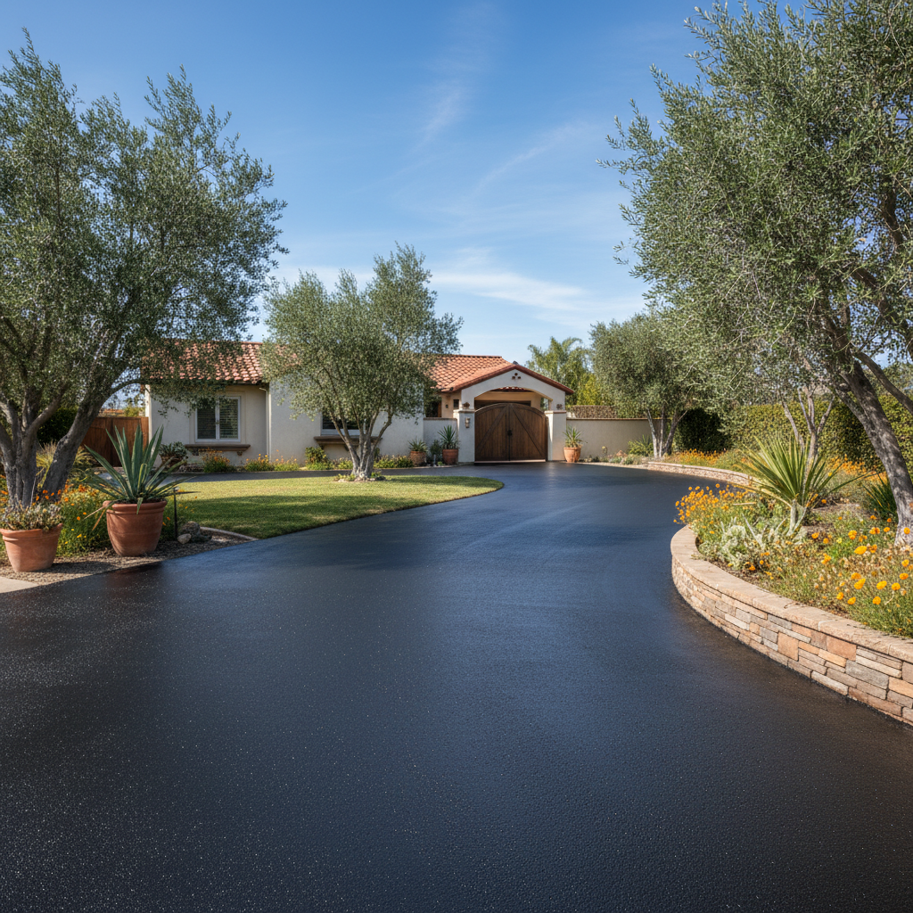Completed asphalt sealcoating work at a residential property in Orange, CA