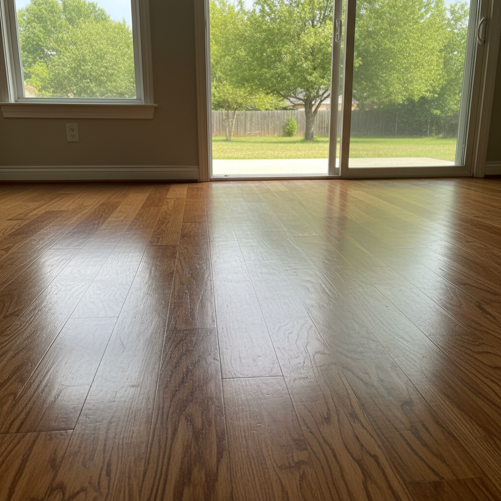 Completed hardwood floor water damage restoration work at a residential property in Farmersville, TX