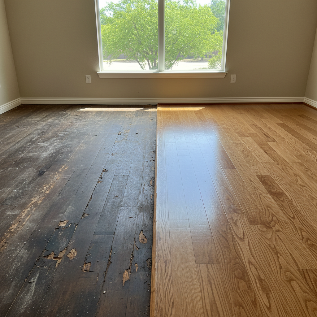 Completed hardwood floor water damage restoration work at a residential property in Mesquite, TX