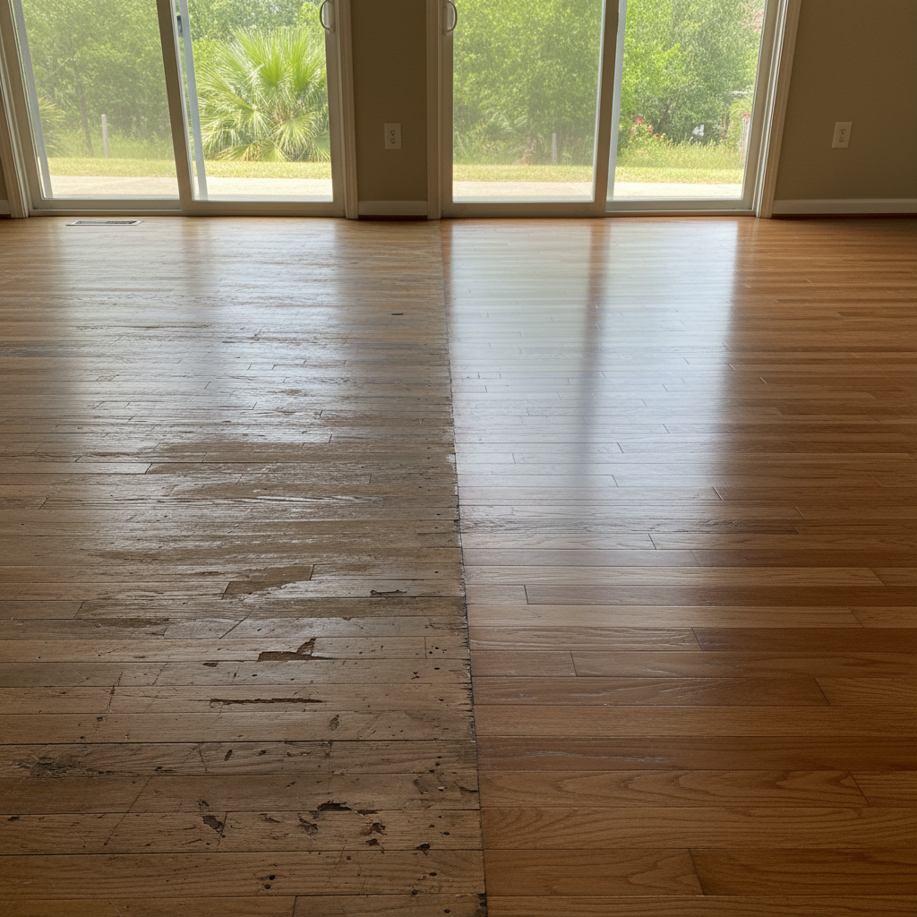 Completed hardwood floor water damage restoration work at a residential property in Whitewright, TX