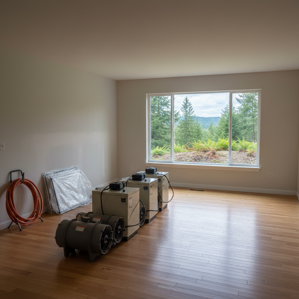 Completed dehumidification services work at a residential property in Yelm, WA
