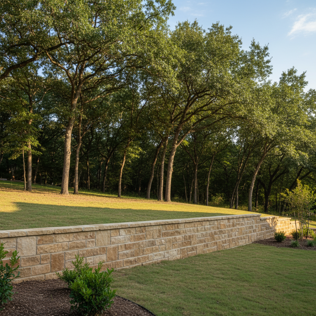 Completed retaining wall construction work at a residential property in Fulshear, TX