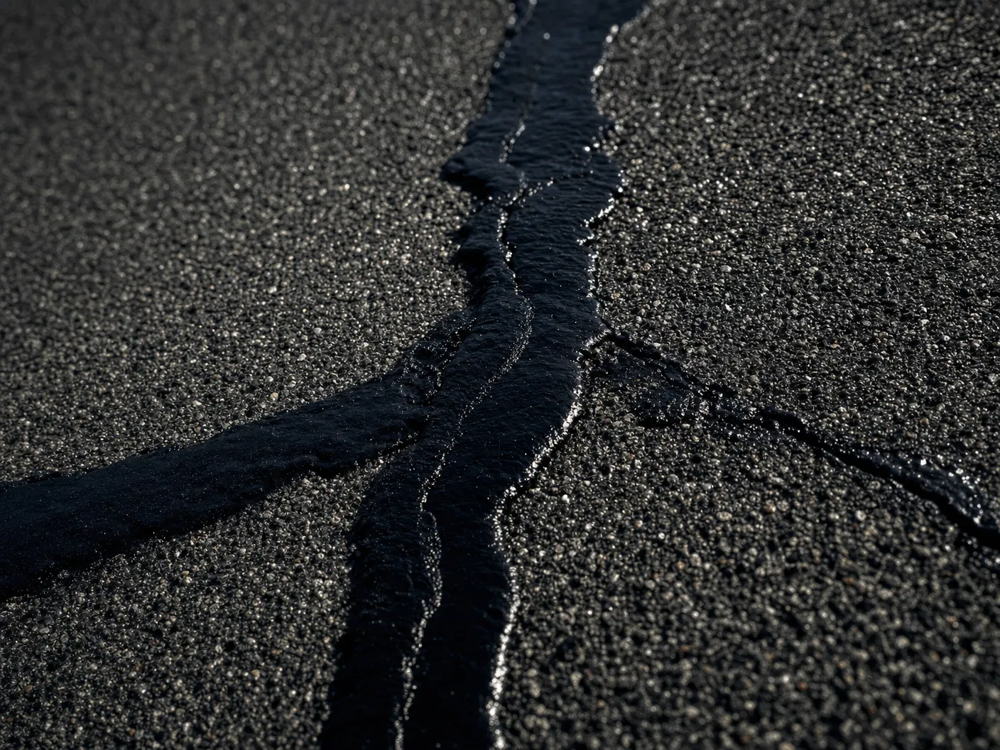 Close-up of freshly applied crack seal on asphalt