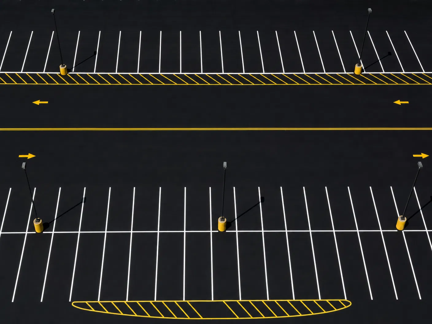 Aerial view of freshly painted parking lot striping lines
