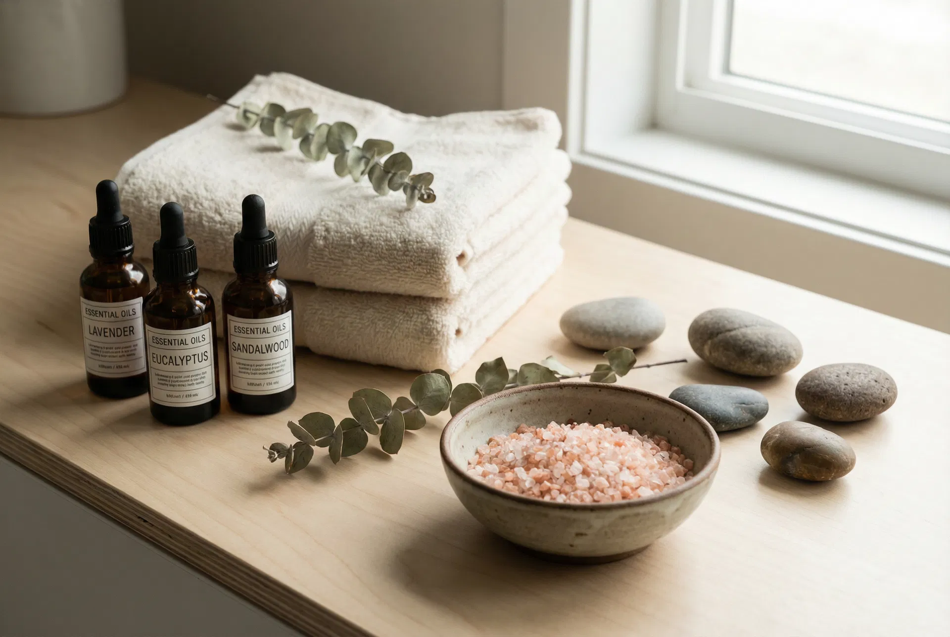 Luxury spa products with essential oils and Lake Superior stones
