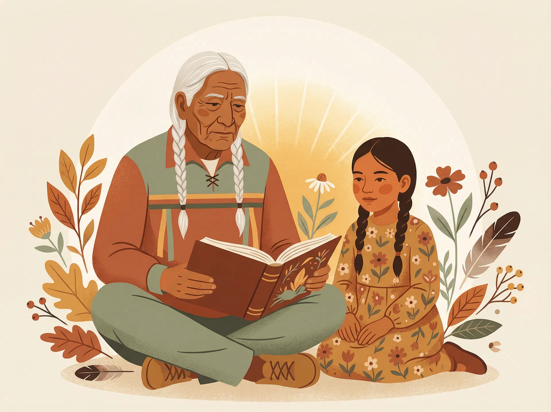 Illustration of an elder and a young girl sharing knowledge from a book