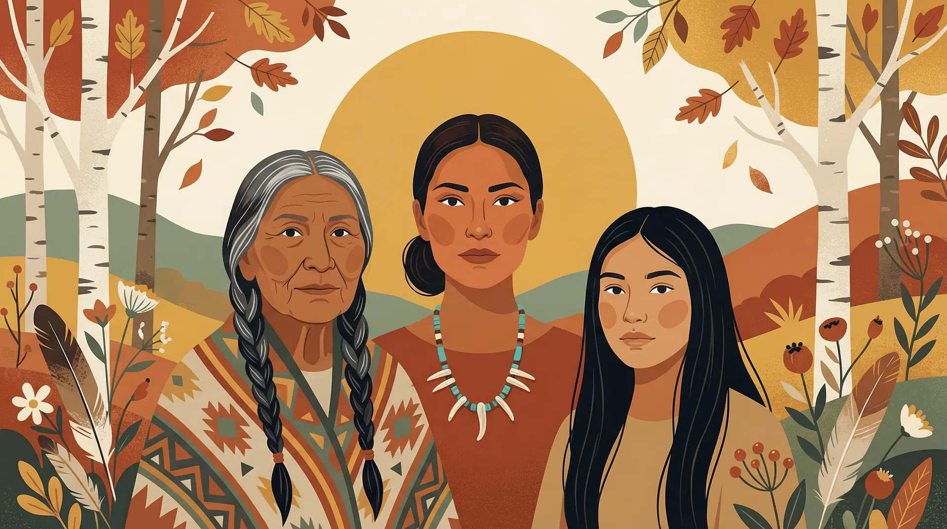 Illustration of an Indigenous community gathering surrounded by botanical elements