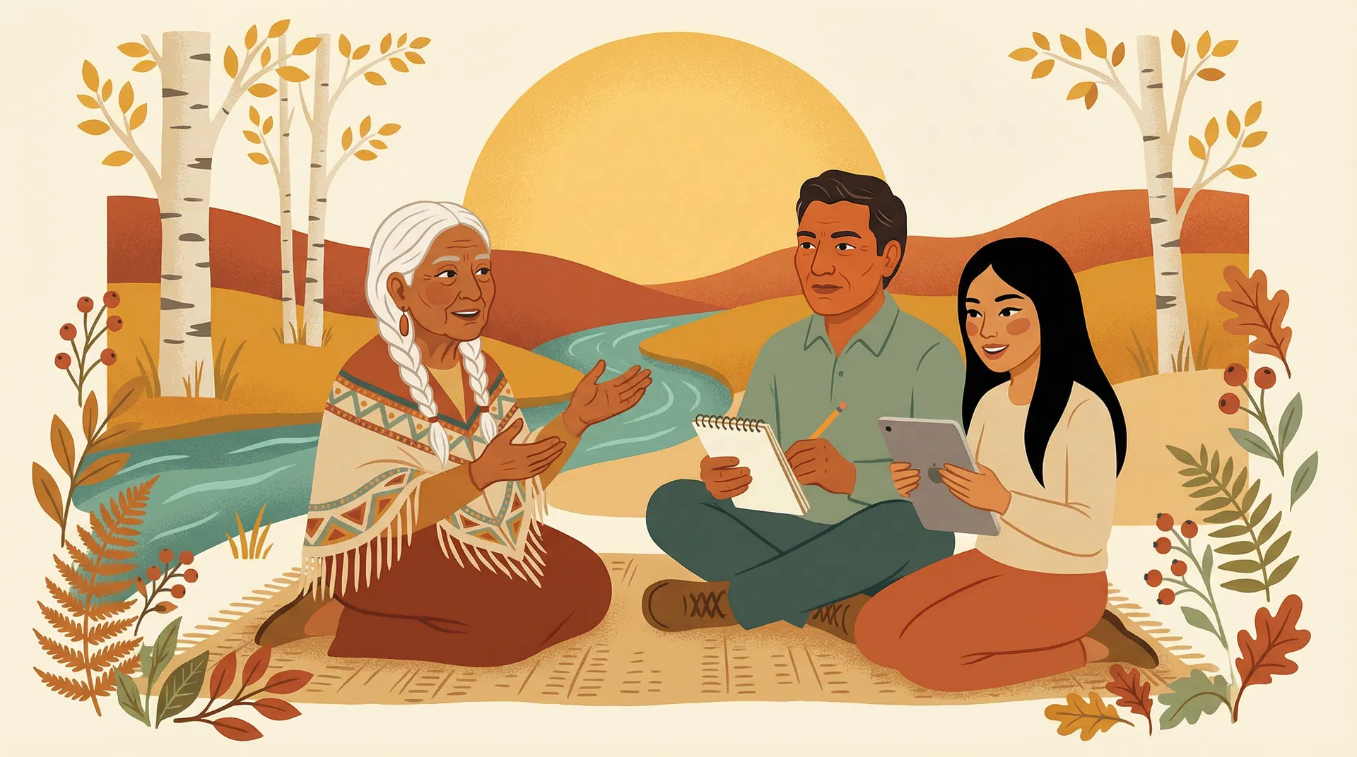 Illustration of a diverse First Nations community talking circle