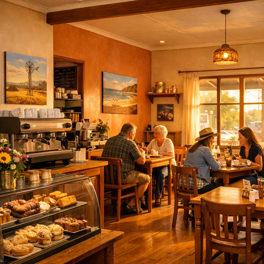 Wilcannia Cafe interior showing seating, customers, and pastry display