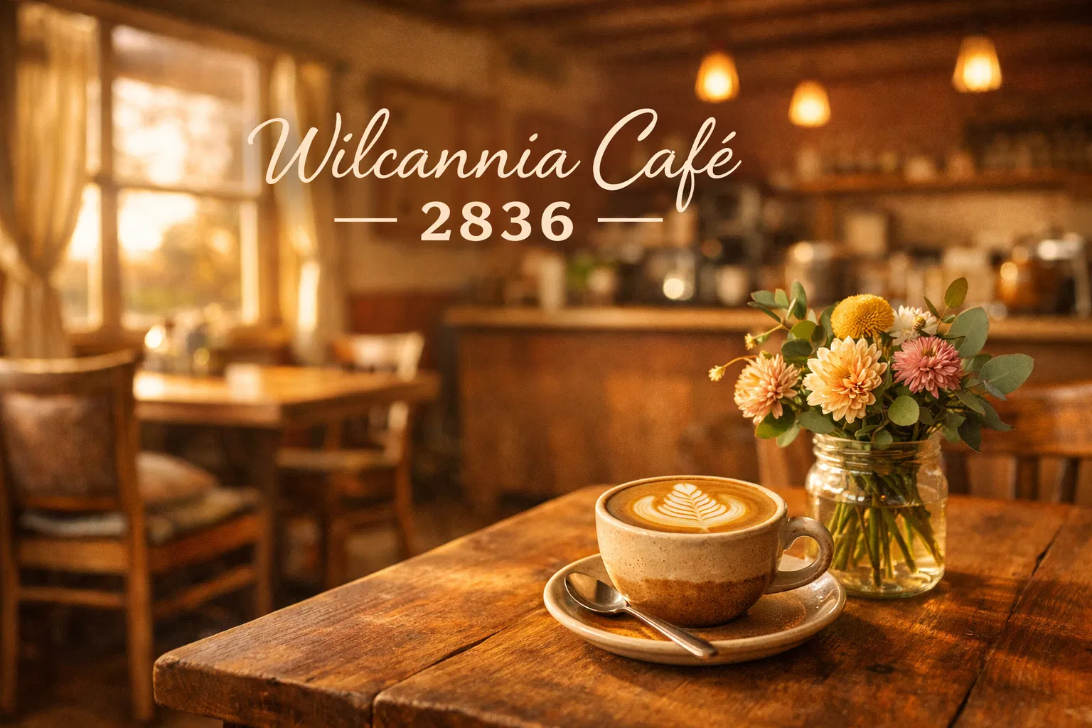 Wilcannia Cafe 2836 - Warm interior with coffee and flowers