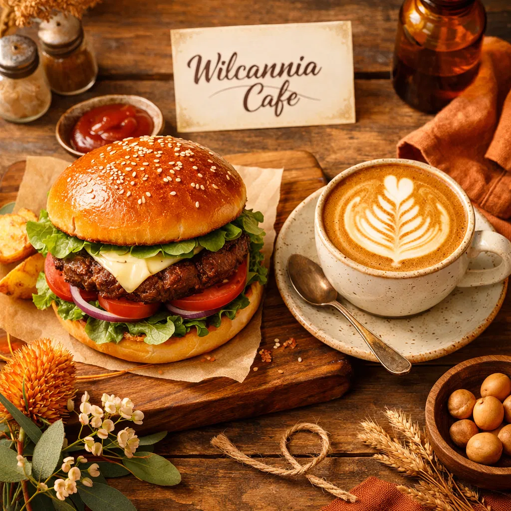 Wilcannia Cafe signature burger with fresh lettuce and tomato, served with cappuccino