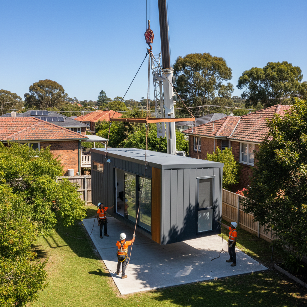 Crane lifting a prefabricated granny flat module