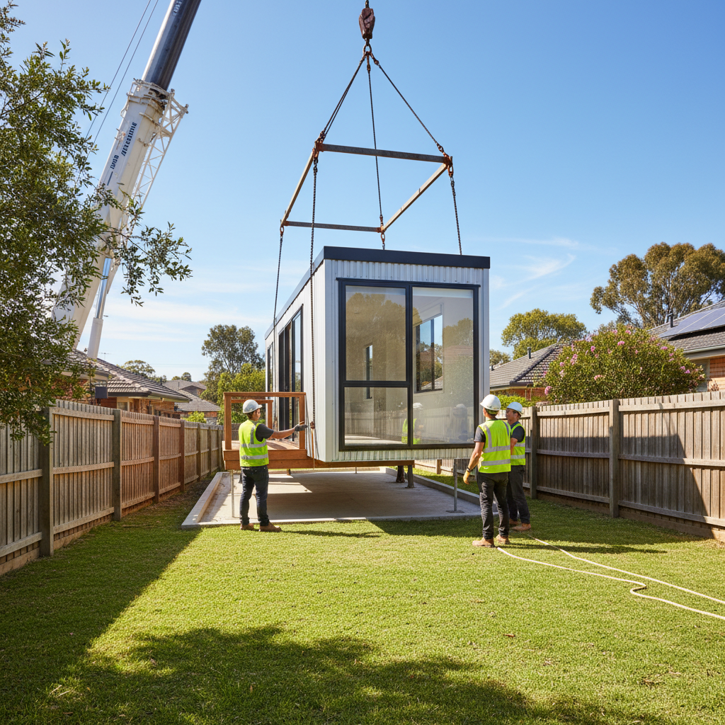 Prefab granny flat installation in a Sydney backyard