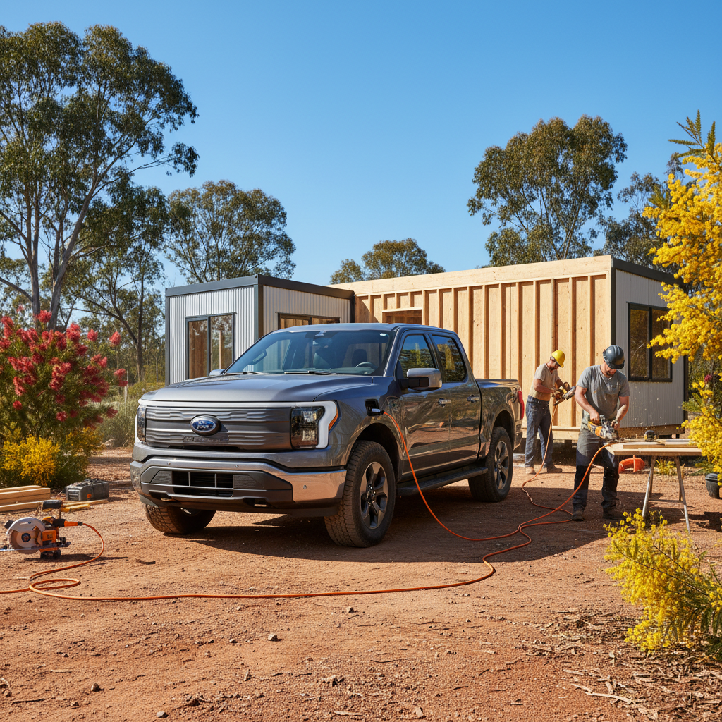 Electric pickup powering tools on an Australian construction site
