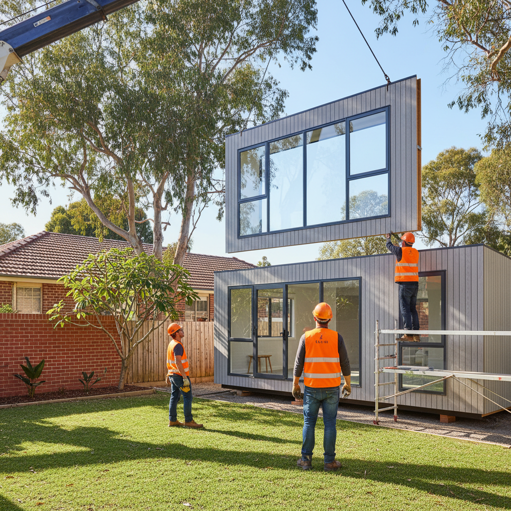 Modular prefabricated home construction in a Sydney backyard.