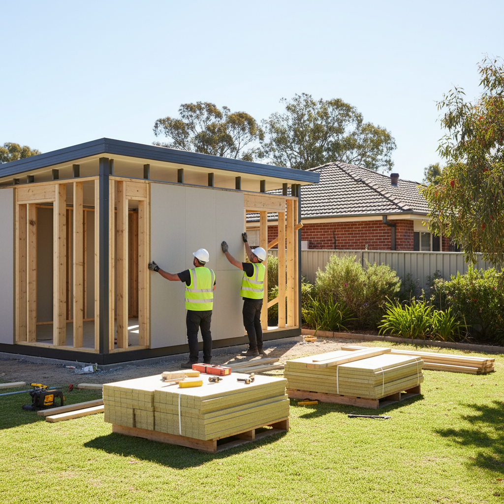 Prefab granny flat construction in Australian backyard