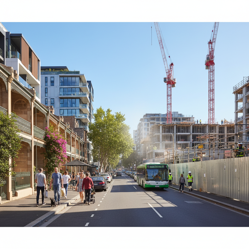 Busy Sydney suburb street with construction site